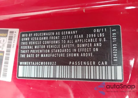 2012 Volkswagen Gti 2-Door z USA, uszkodzony, nr VIN WVWEV7AJ6CW088822